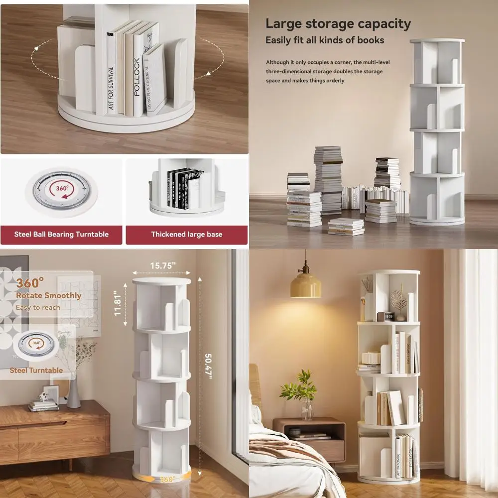 

Компактный 360° ° Вращающаяся 4-ярусная деревянная книжная полка — компактное напольное хранилище для дома