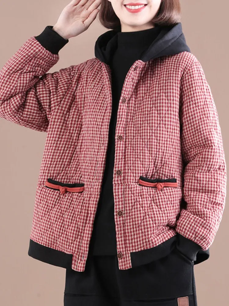 Thick Warm Hooded Coats Women New Arrival 2022 Autumn And Winter Vintage Style Plaid Pattern Loose Female Casual Outerwear D412