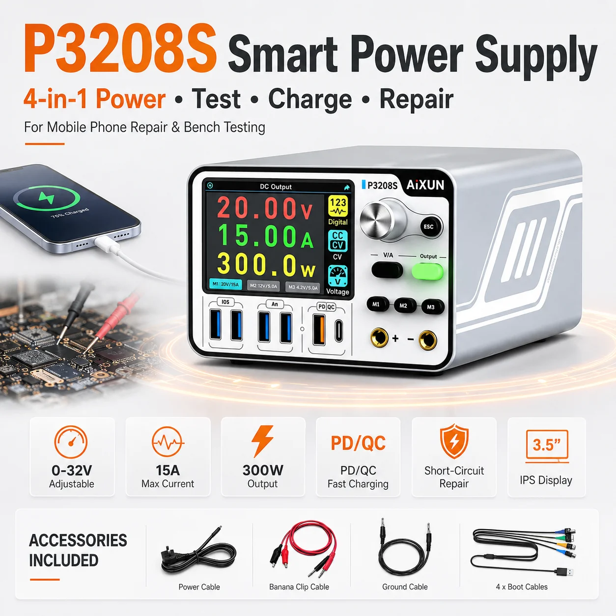 AiXUN P3208S 4-in-1 300W DC Power Supply 0-32V 15A Adjustable Repair Test Charging Station for Phone