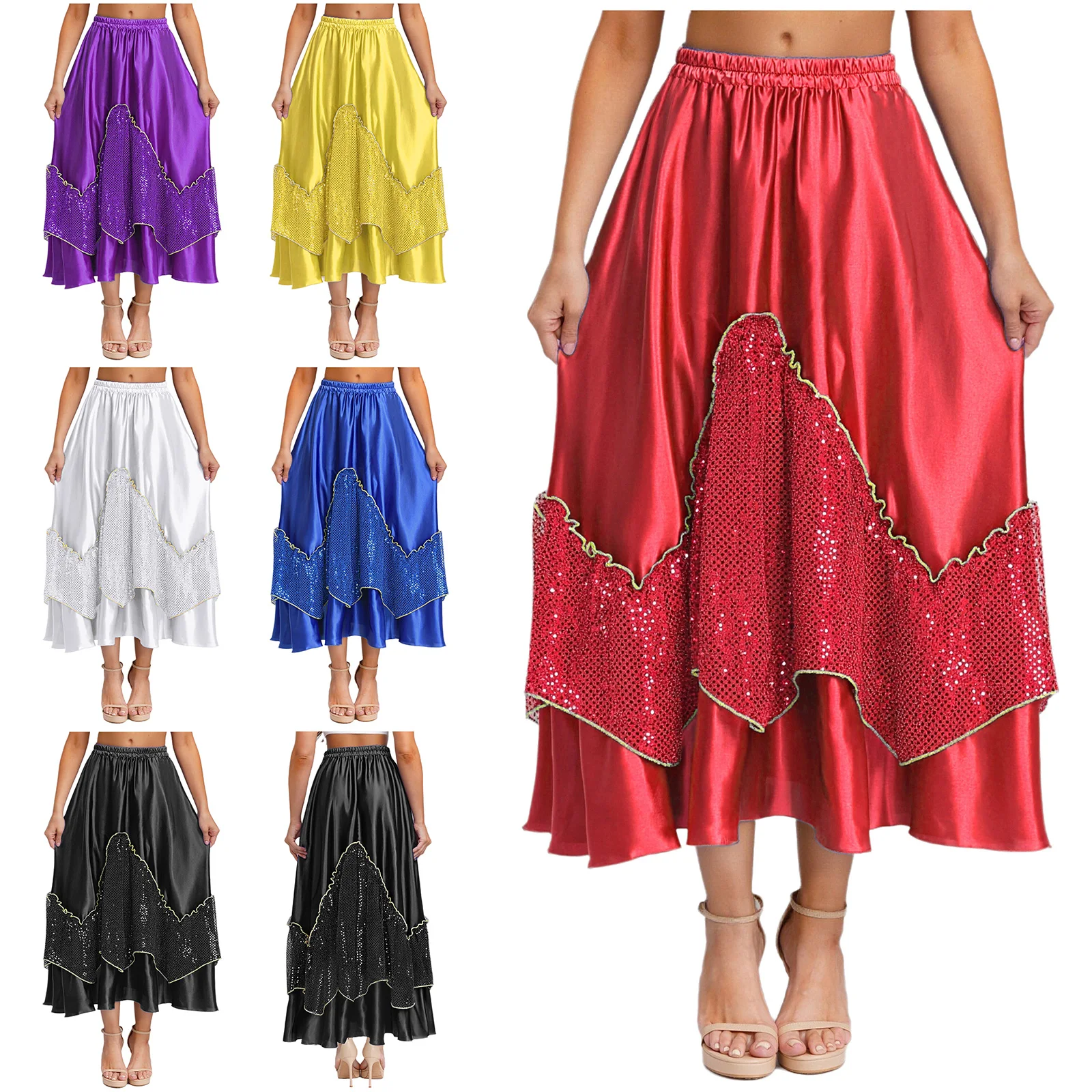 Jupe Flamenco élégante pour femmes, jupe en maille satinée à paillettes scintillantes, parfaite pour les spectacles de danse espagnole et les événements de salle de bal