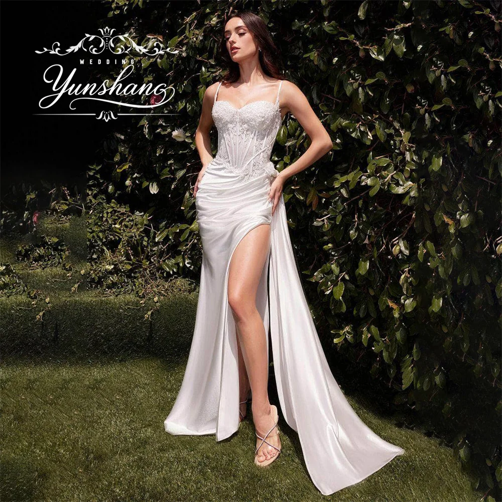 

Yunshang Customized Satin Lace Spaghetti Strap High Slit Open Back Mermaid Wedding Dress Corset Sweetheart 2025 Elegant Romantic