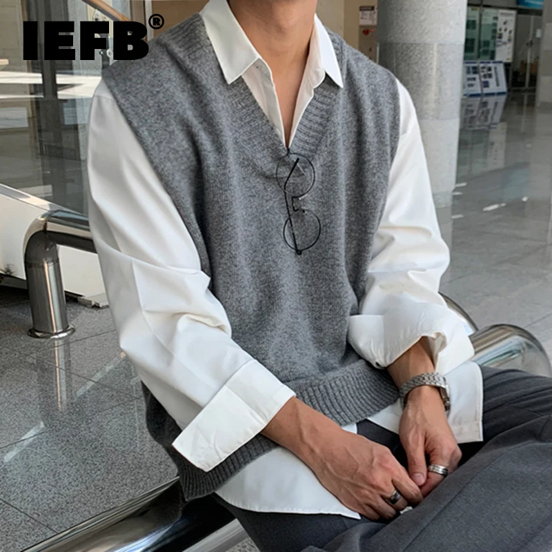 IEFB Menswear Korean Style Fashion Knitted Vest Men\'s Autumn 2023 New Personalized V-Neck Loose Sleeveless Sweater Vests Tide