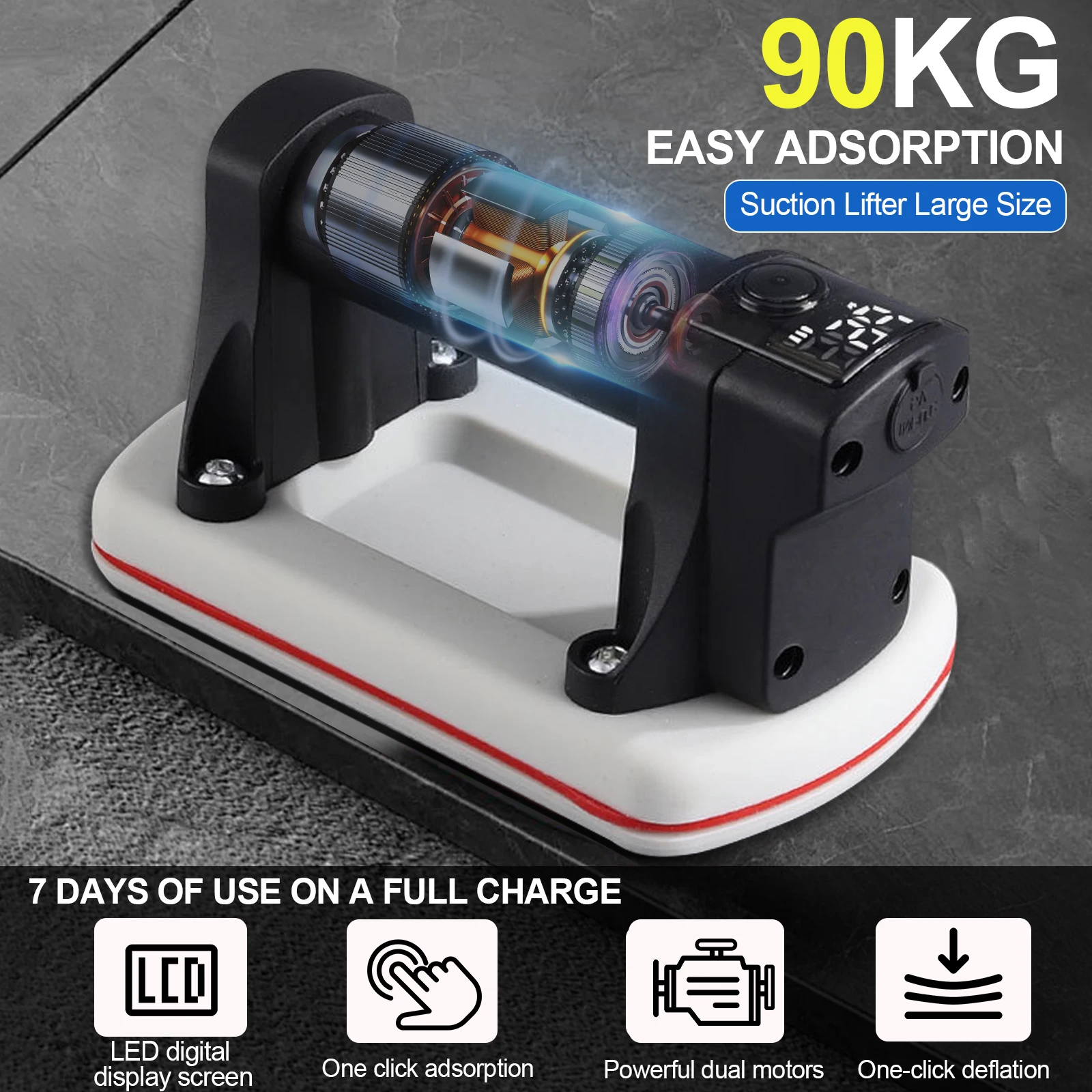 Ventouse électrique intelligente à affichage numérique haute puissance, démarrage en un clic, pompe à vide, force d'aspiration 90 kg, ventouse pour verre et carrelage