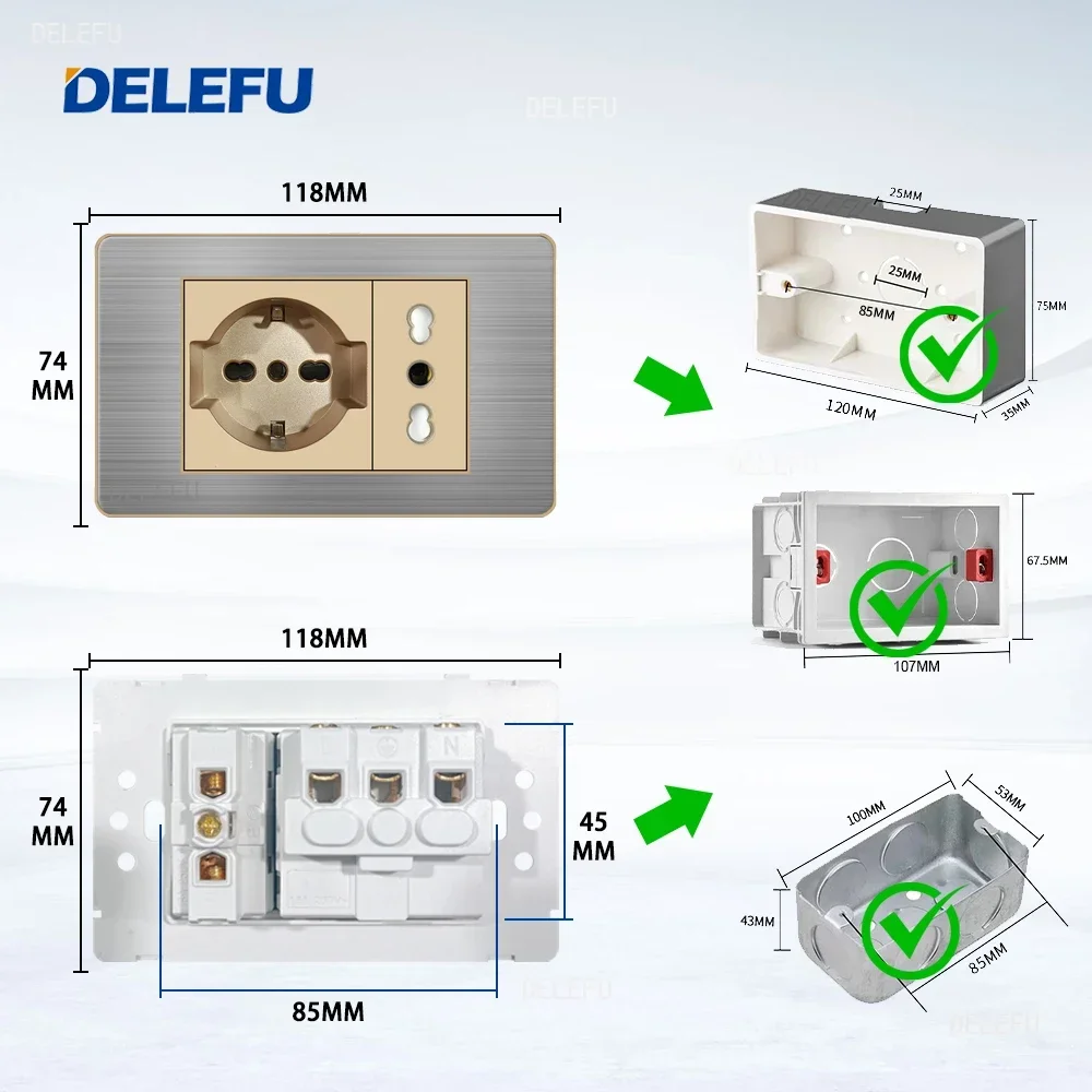 DELEFU- Italian Standard Switch Socket Stainless Steel Gold Border Grey Panel Series Power Socket