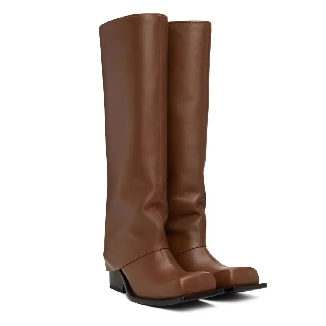 

2025 New Trendy Square Toe Leather Shark Boots Chunky Heel Solid Color Knee-High Women Boots Winter Fashion Large Size Boots