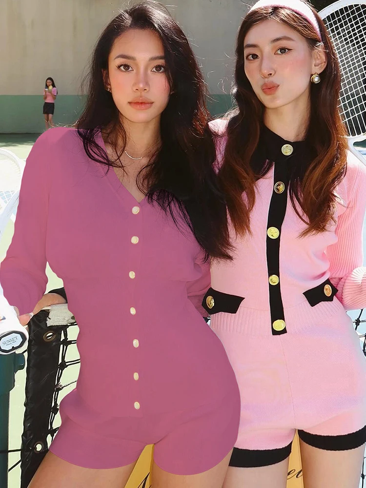 

Insglas Elegant Y2K Sweet Style 2 Piece Set Women Single-Breasted Cardigan Full Sleeve Tops+Skinny Shorts Street Casual Suits