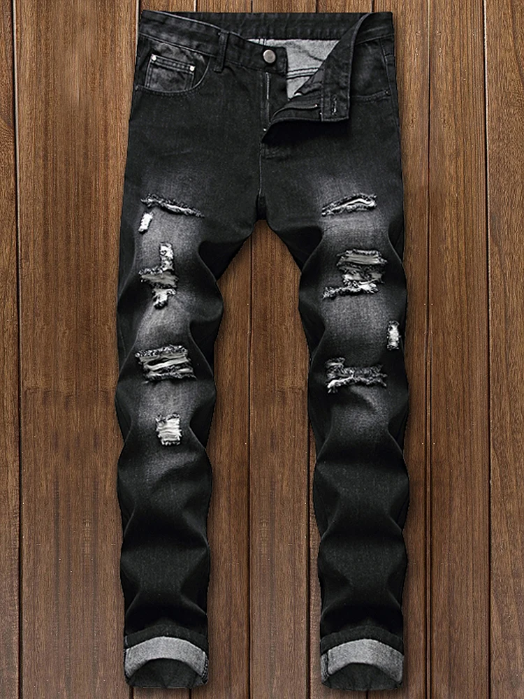 

Trendy Men's Loose Denim Jeans Casual Straight Leg Long Pants Retro Korean Sle Patchwork Hole Punching Slim Fit Jeans