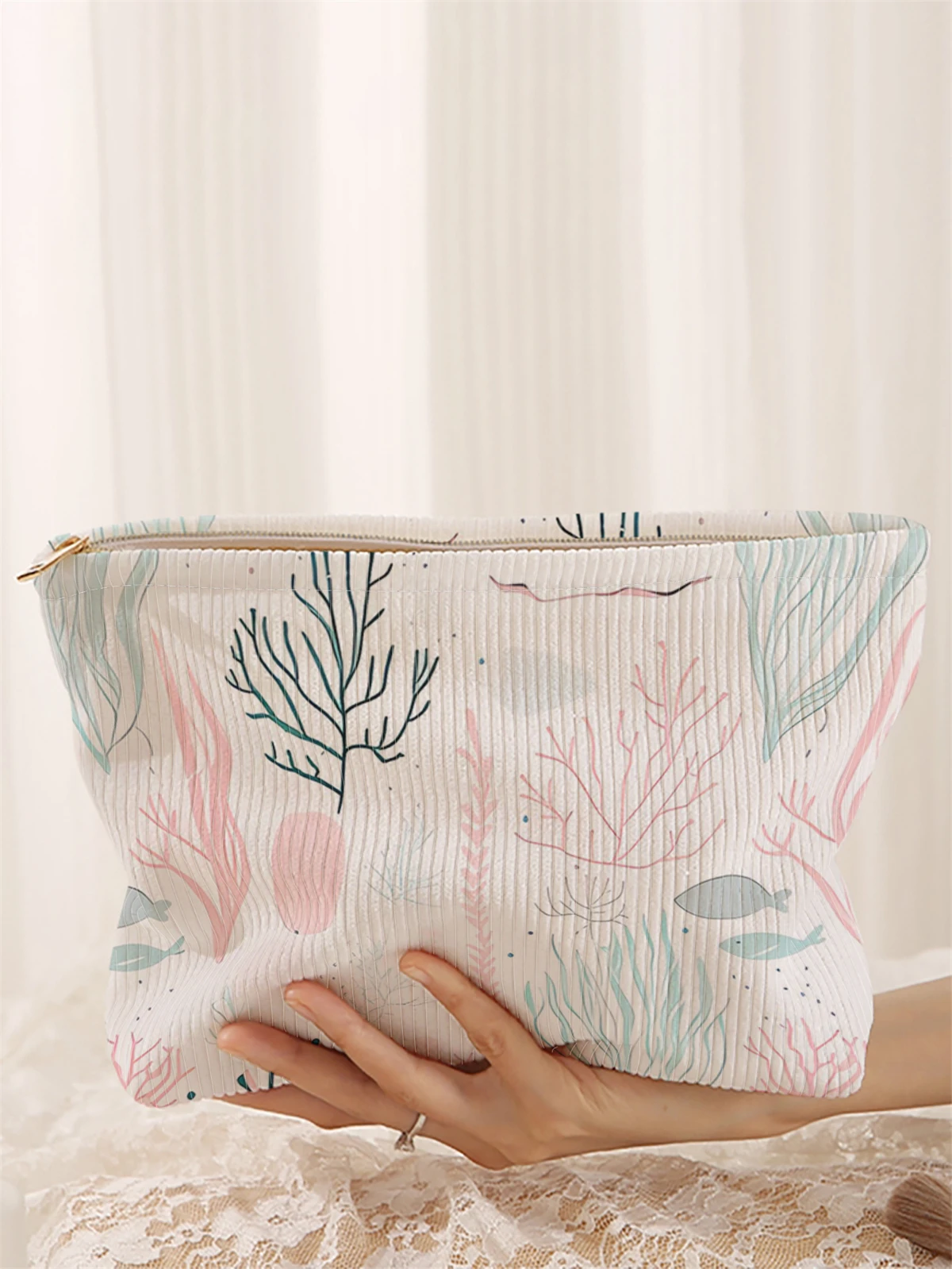 1 coral patterned corduroy makeup bag, lightweight zipper makeup storage box, multifunctional bag with lining