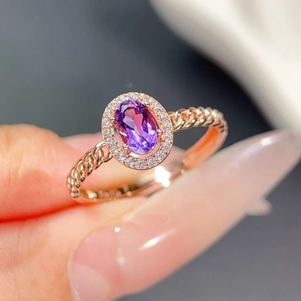 

925 Silver Amethyst Ring 4x6 VVS Natural Amethyst Jewelry with Certificate 18K Gold Plated Silver Crystal Ring for Women