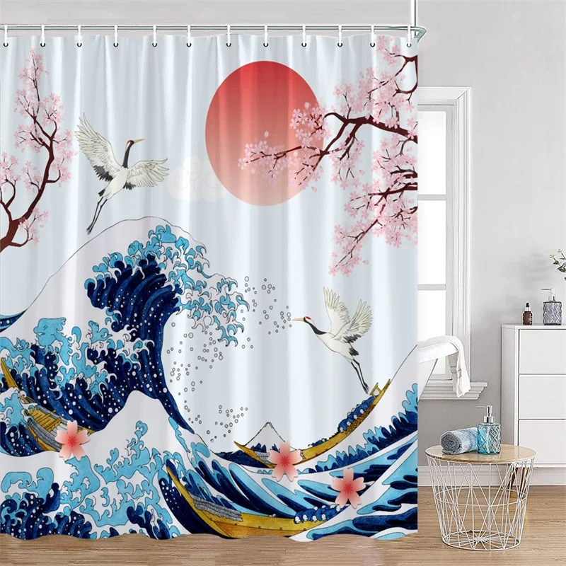 Japanese Style Shower Curtain Cherry Blossom Abstract Mountain Birds Sea Wave Crane Ink Art Bathroom Curtains Fabric Home Decor