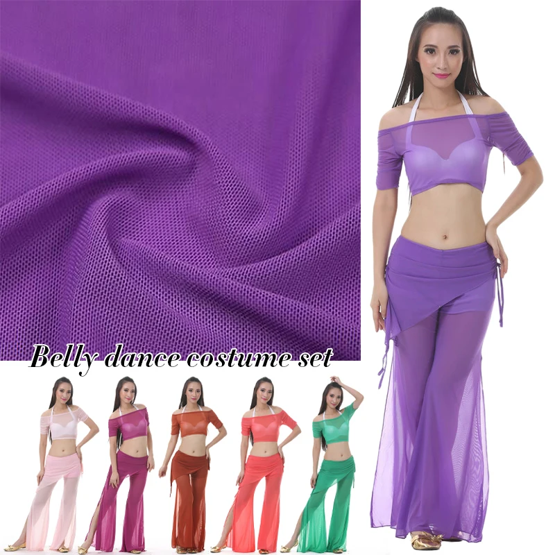 Women Belly Dance Leotards Tops + Split Pants Suit Sexy Transparent Belly Dance Gauze Mesh Tops Lady Belly Dancing Wear Outfit