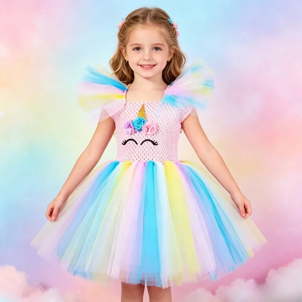 Halloween Carnival Unicorn Tutu Dress Clothes Pastel Flower Costumes Girls New Year with Wings Kids Birthday Party Ballet Tutu