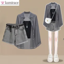 Summer Set for Women Looking Younger Wearing Sunscreen Shirts Tops Slimming and Versatile Jeans Three Piece Set