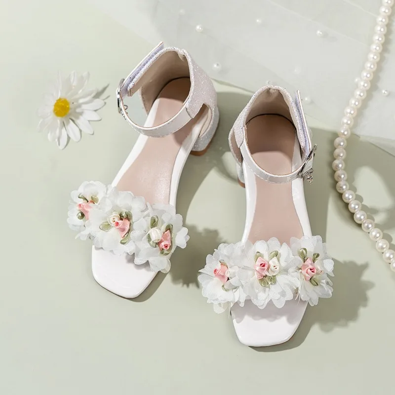 2026 Summer Kids Elegant Sandals New Sequins Girls Catwalk Shoes for Wedding Party Fashion Flower Children's Princess High Heels