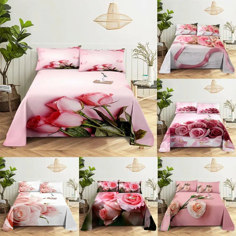 Bedsheets Set with Pillows Case Queen Size Soft Bed Sheets and Pillowcases for Single Double Beds Twin Pink Flower Thin Fabric