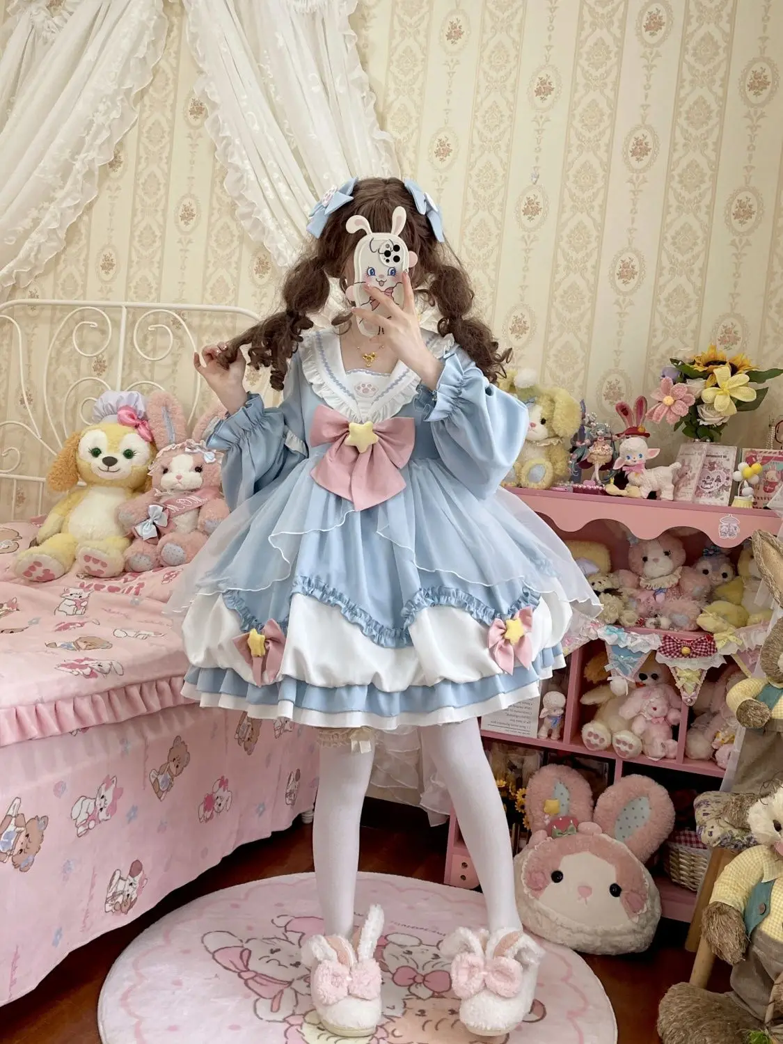 Lolita vestido de vaina de manga larga para niña, cuello azul marino OP, rosa, amarillo, Morado, azul, garra de gato, lazo, estrellas, dulce cumpleaños, diario, Kawaii