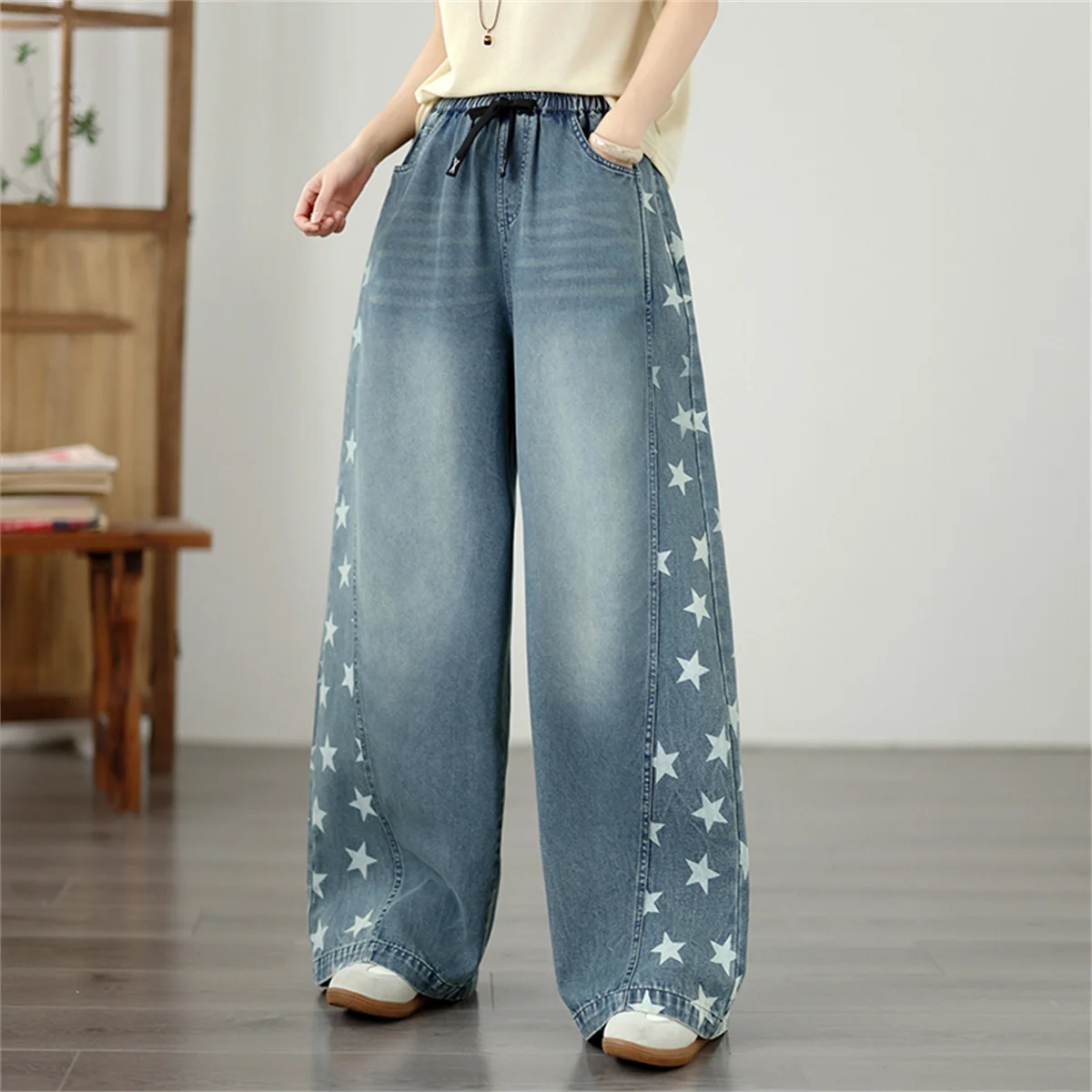 Women Denim Rhinestone Trousers Fashion Solid Color Versatile Casual Wide Leg Pants Ladies Large Size High Waist Women's J