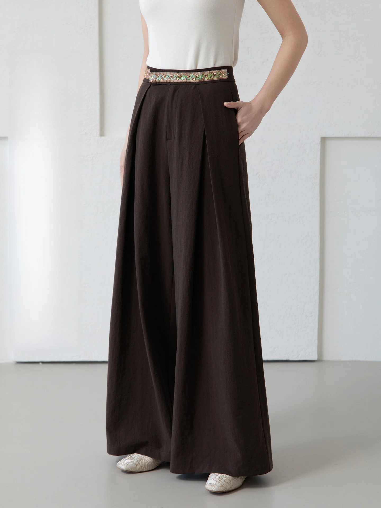 

Slimming Wide Leg Pants with Bead Weave Belt Mixed Fabric Women's High Waist Straight Leg Casual Trousers Chinese Style