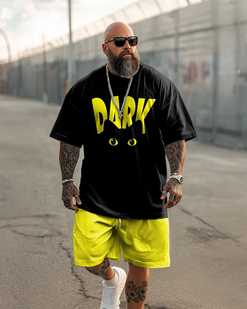 

S-9XL Men's Large Size Dark Black Cat Funny Print Short-Sleeved T-Shirt Shorts Two-Piece Set