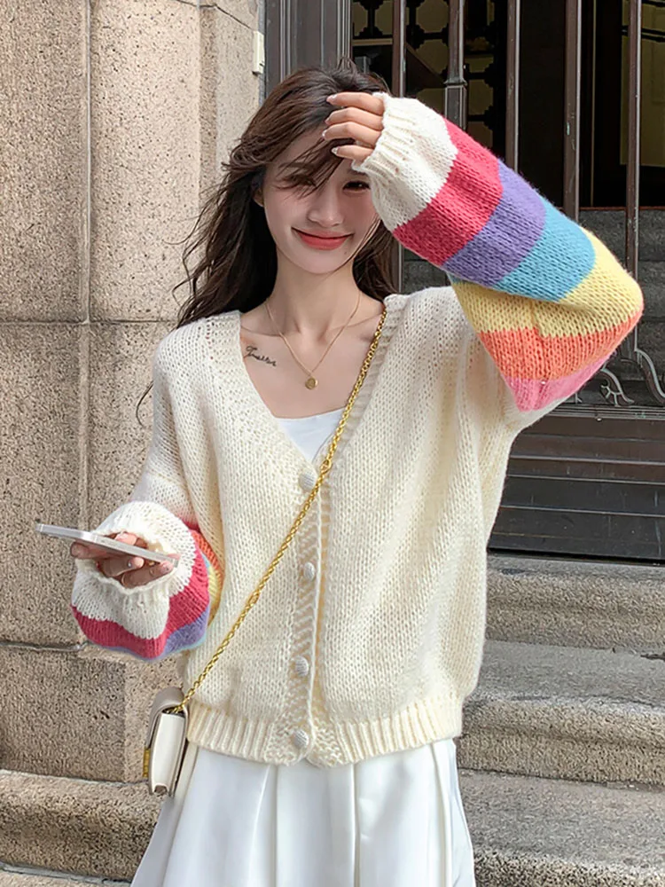 Fashion Rainbow Sweet Cardigan Sweaters Women Casual Lazy Wind Korean Knitted Coat Chic V Neck Loose Long Sleeve Tops Outwear