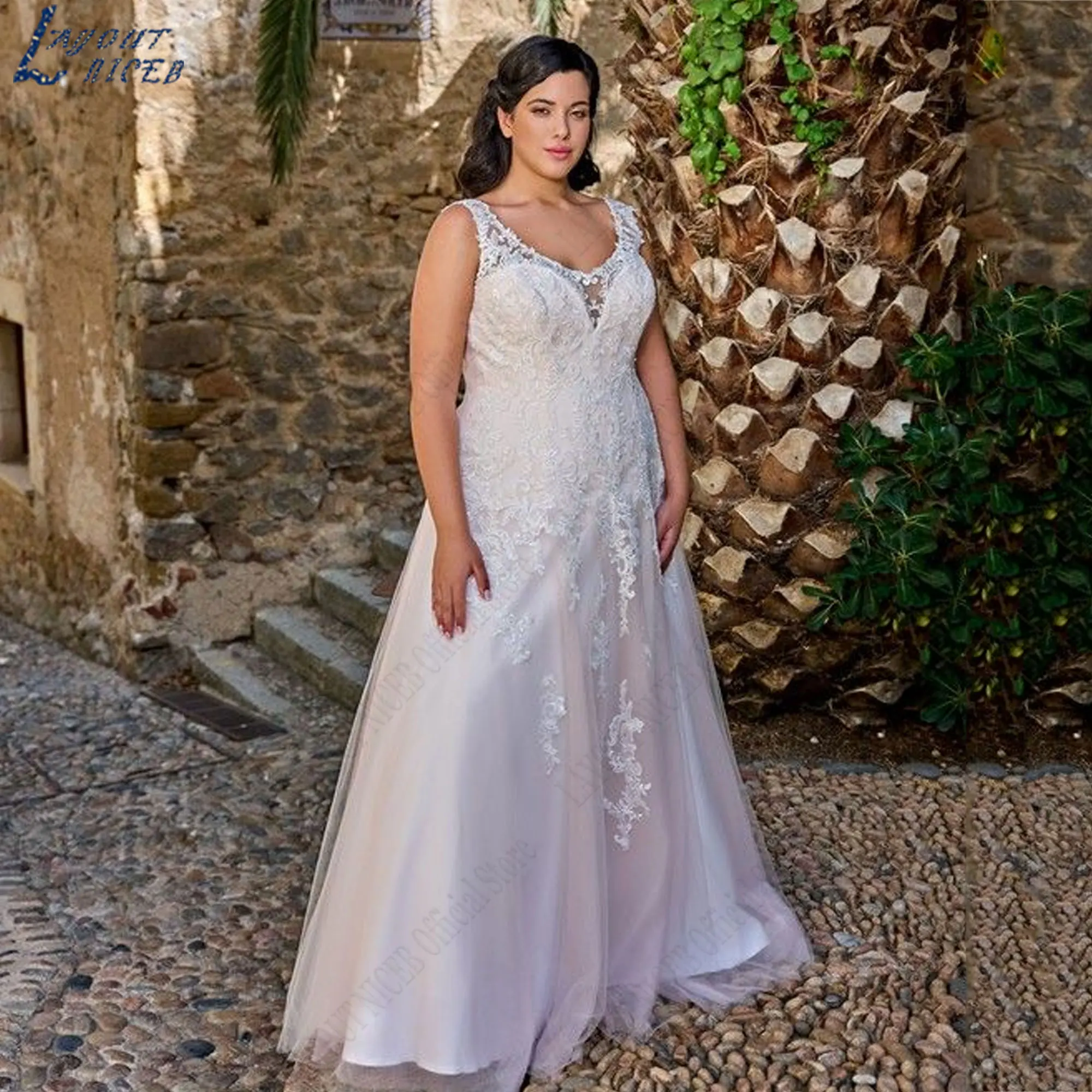 

LAYOUT NICEB Spaghetti Straps Bride Gowns Plus Size Appliques Wedding Dresses Backless Sleeveless Tulle vestido novia Plus Size