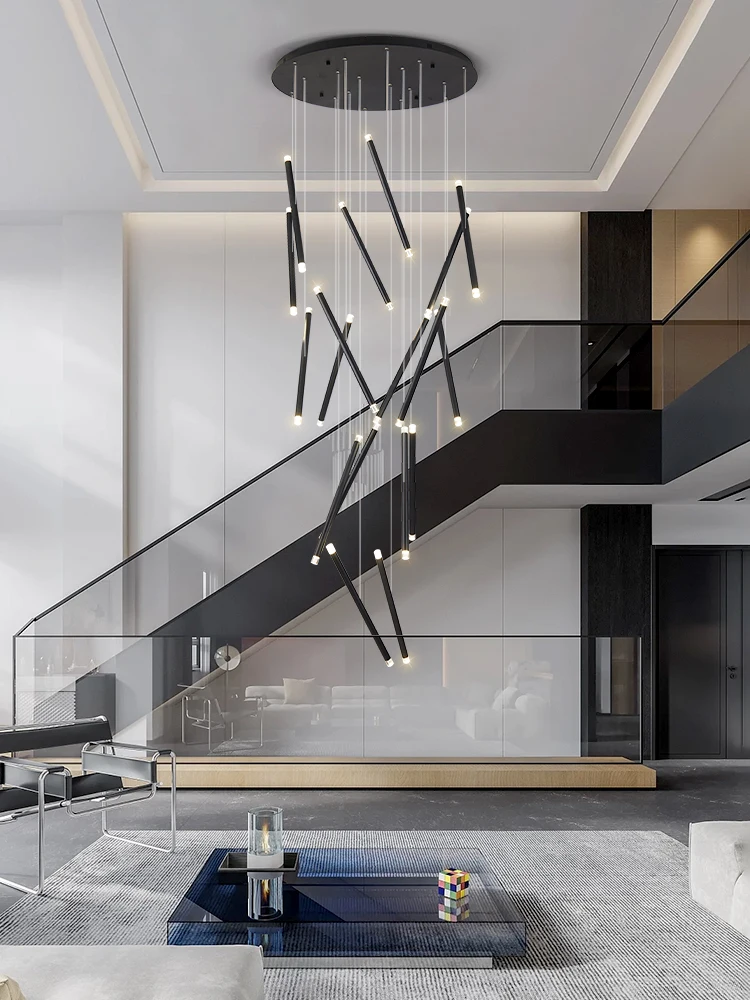 Nordic Style Staircase Pendent Lamp Cylindrical Living Room Pendant Suspended Ceiling Light Villa Dining Room Long Chandelier