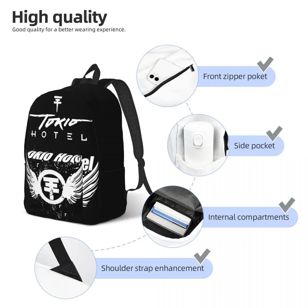 Mochila con logotipo de Tokyo Hotel Merch para hombres y mujeres, bolso de hombro para computadora portátil, mochila de trabajo de escuela secundaria a la moda, paquete de día, banda de Rock, regalo