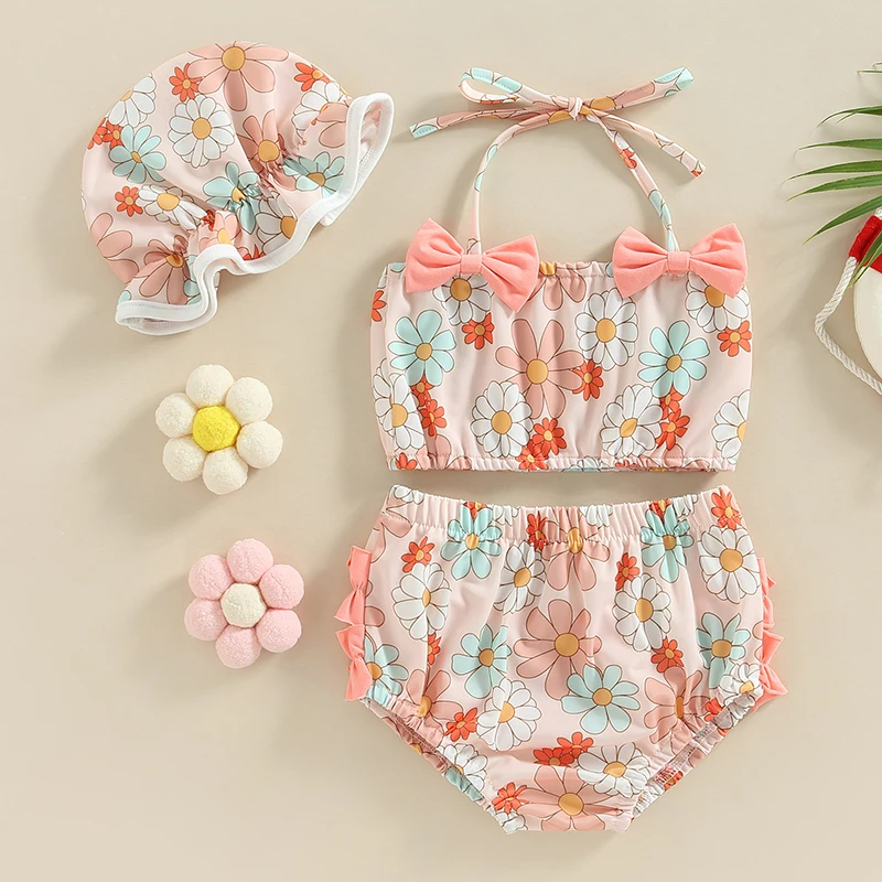 2023 Summer 0-2Y Baby Girls Three Piece Swimsuits Floral Print Halter Bikini Set Bathing Suit with Swim Cap