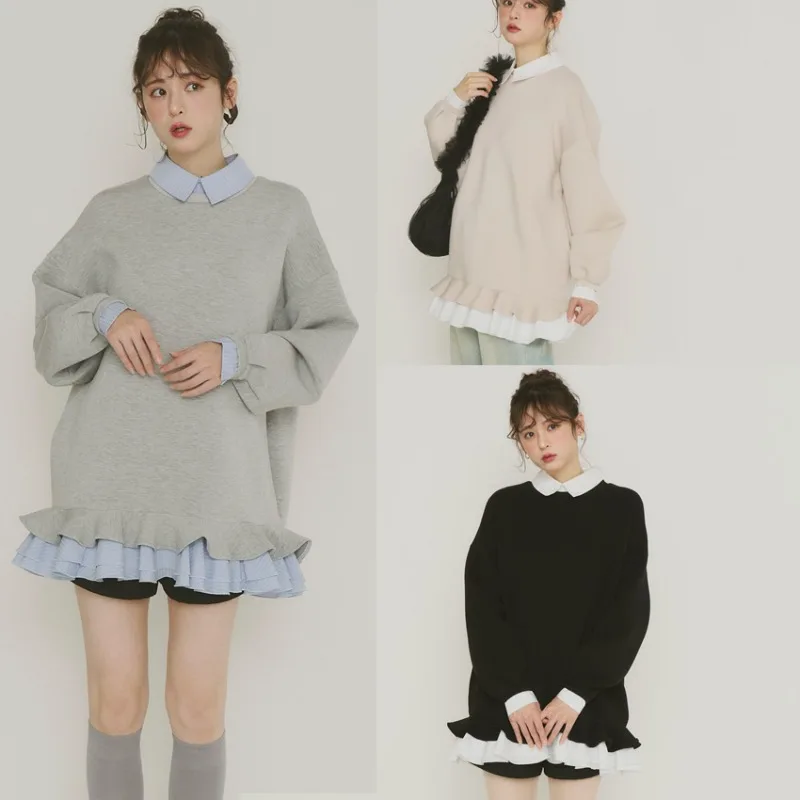 

Japanese Style Ruffles Hem Long Sleeve Patchwork Fake Two-Piece Sweatshirt Women Tops 2026 New Spring Autumn Sweet Korean Hoodie