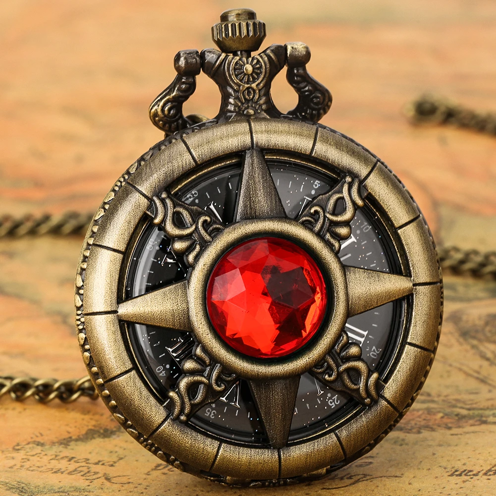 Hollow Rudder Blue Jade Emerald Stone Steampunk Quartz Pocket Watch Chain Pendant Clock Starry Sky Antique Gifts for Men Women