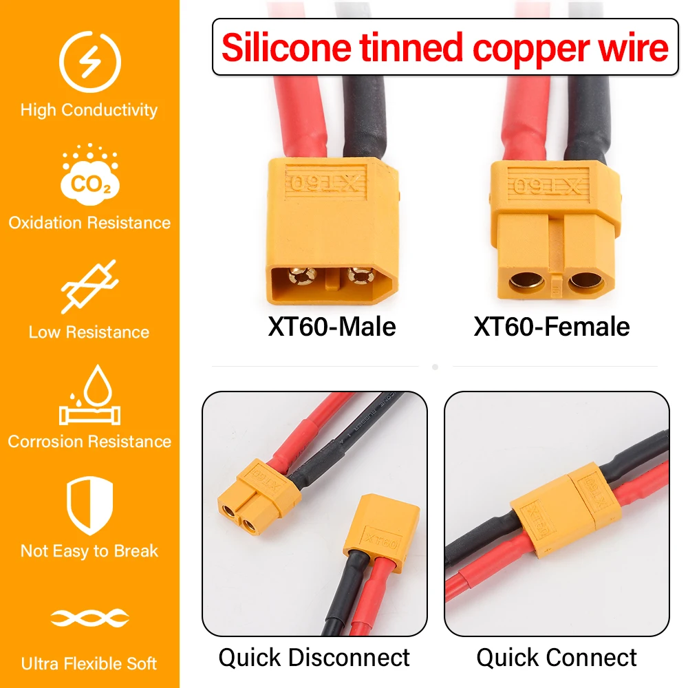 2/3m 12AWG XT60 Male/Female conversion plug Connection cable Silicone tinned copper extension lead Battery connector