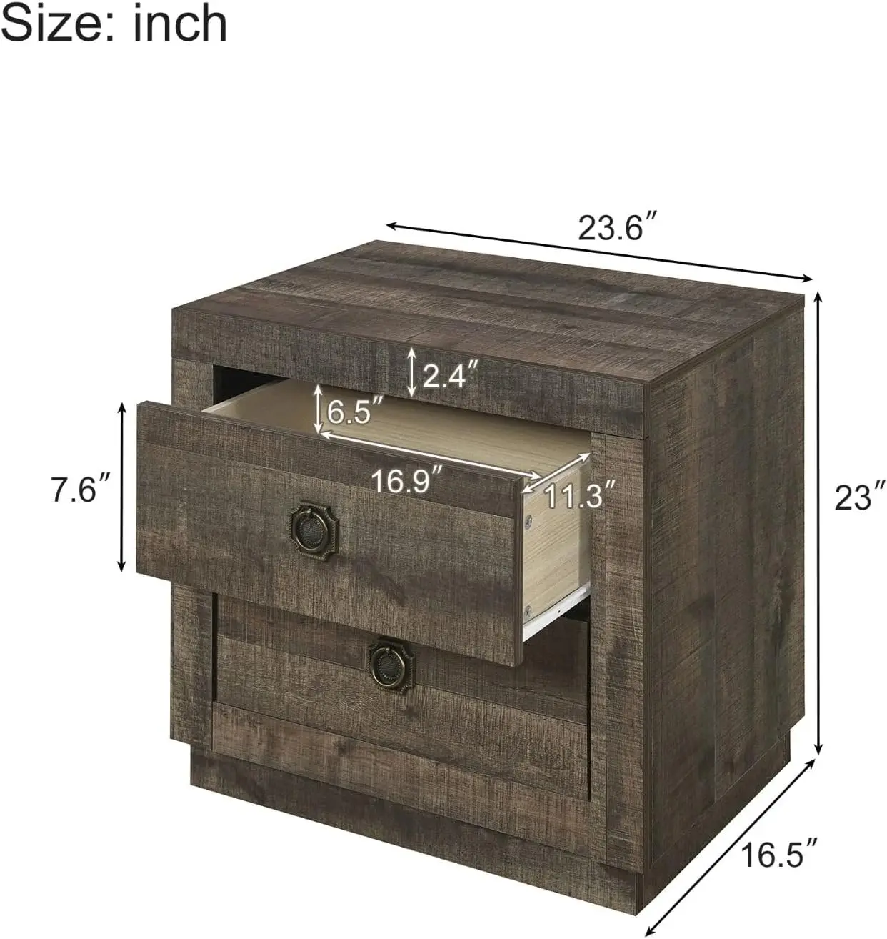 Rustic Farmhouse Nightstand, Compact Bedside Table with 2 Drawers - Authentic Rustic Finish, Rustic Brown