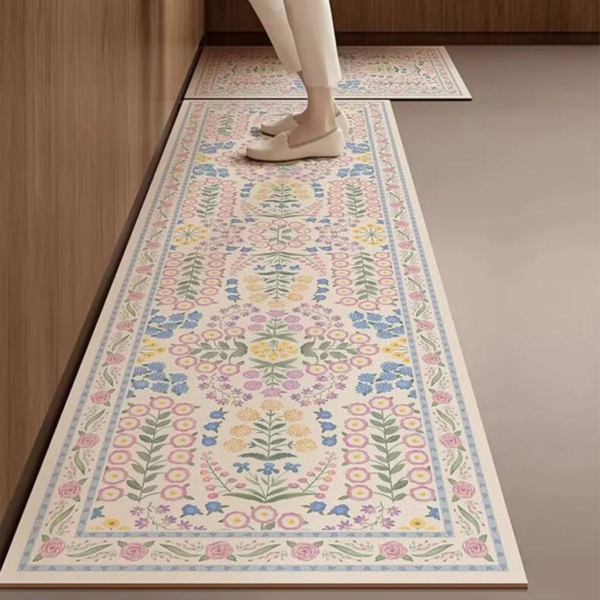 

Kitchen Floor Mat Absorbent Carpet Diatom Mud Non-slip Foot Mats Sweet Flower Pastoral Home Decoration Rug Shower Area Toilet