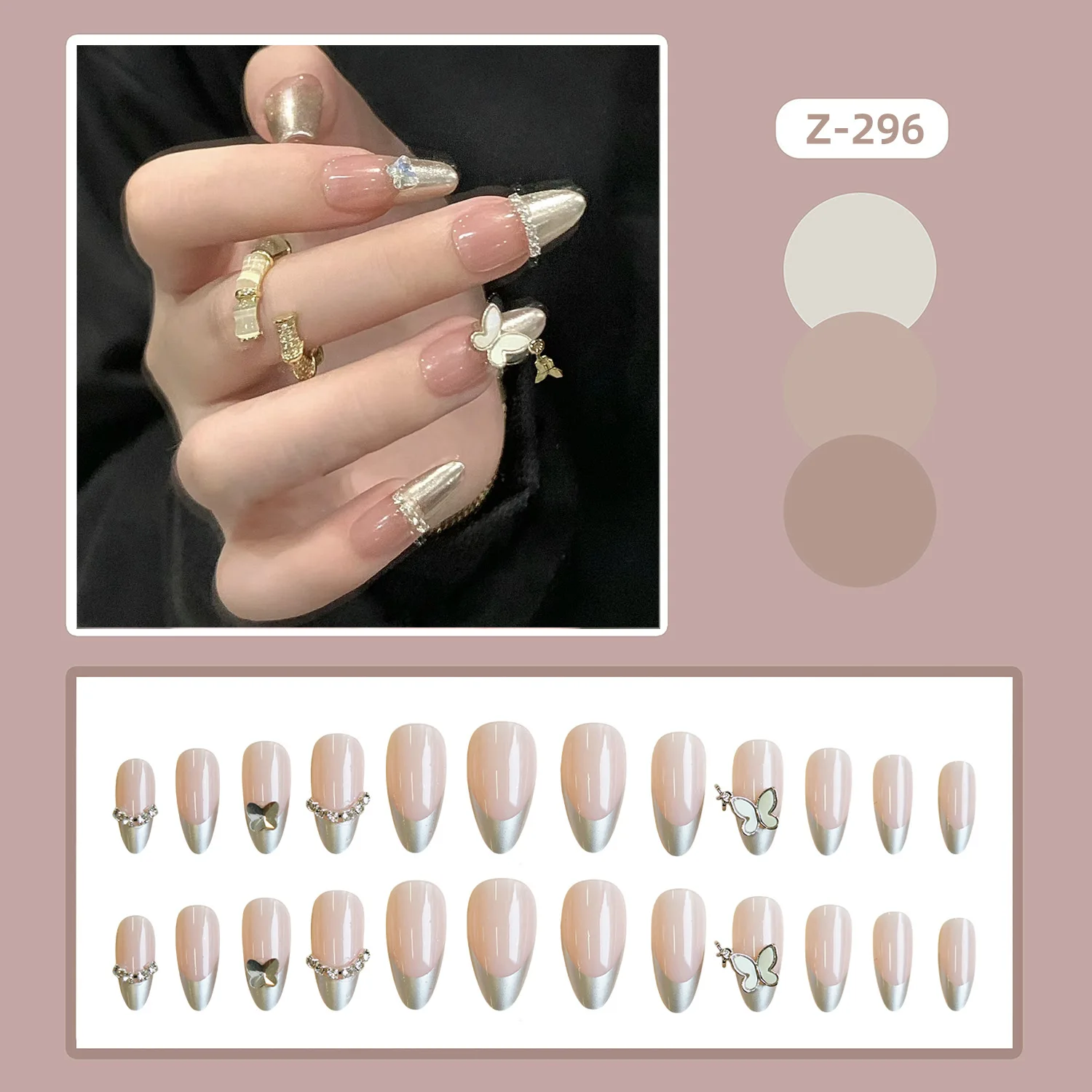 24pcs Sweet Pink Fake Nails Korean Bow False Nail Patch Full Cover Wearable Lady Women Shiny Rhinestone Decor Press on Nails