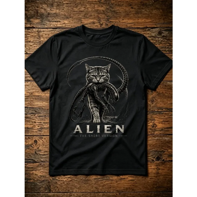 Unisex T-shirt, Fierce Cat Carrying Alien Creatures Alien Men's T-shirt Summer New Unisex High Street T-shirt