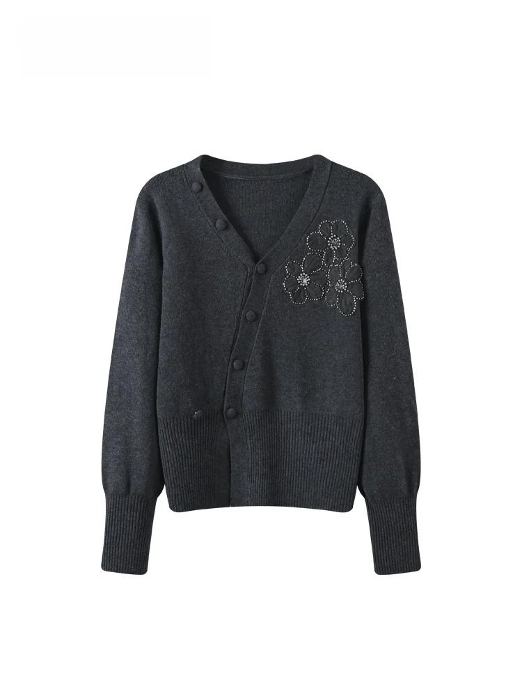 

Женский вязаный джемпер больших размеров с V-образным вырезом, новинка зимы, повседневный свободный крой, из смесового полиэстера, с длинными рукавами, средней длины, с цветочным принтом