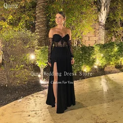 Qanz Elegant Black Evening Dresses High Slit Chiffon Long A Line Party Dresses Lace Up Back Vestidos Para Eventos Especiales