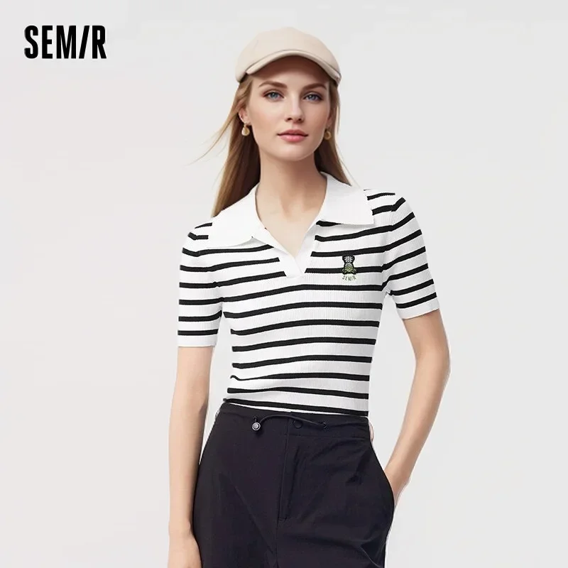 Semir 2024 Sweater Women Short Tight Embroidered  Summer New Contrast Color Lapel Cover Sweater For Women