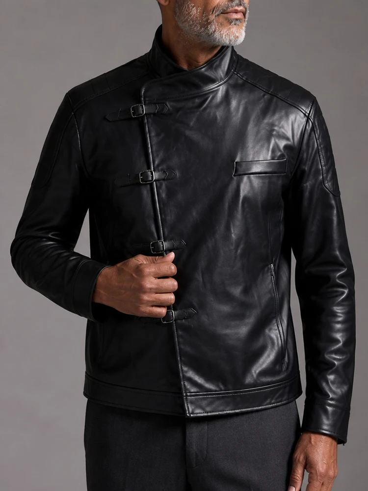 Men's Faux Leather Biker Jacket Stand Collar Asymmetric Buckle Slim Fit Coat for Men Casual Daily Street Vintage Party Outerwear