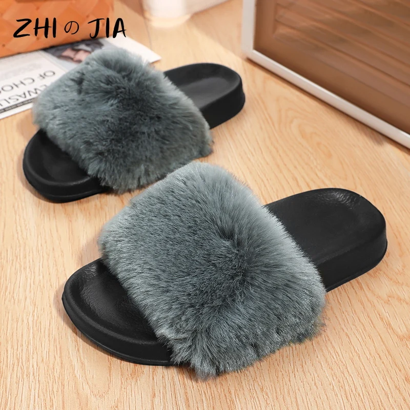 Classic Fashion Women\'s Plush One Word Slippers Winter Home Casual Shoes Cute Matching Footwear EVA Lightweight Fashion Shoes