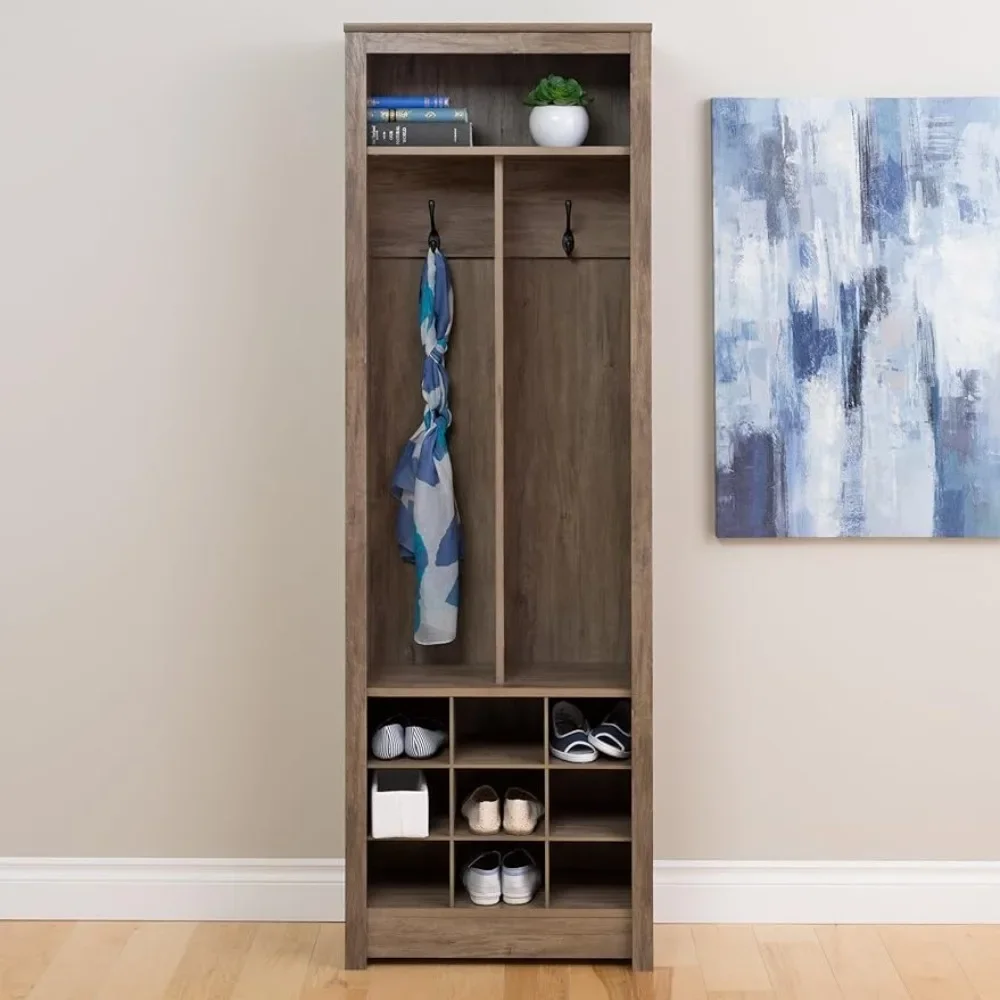 Space-Saving Entryway Organizer, with Shoe Storage, 2 Strong Double Coat Hooks 1 Open Upper Shelf Drifted Gray