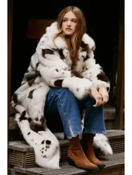 Women Faux Fur Cow Pattern Coat Warm New Autumn Winter Faux Fox Fur Lapel Lady Elegant Cardigan Pocket Outwear Lugentolo