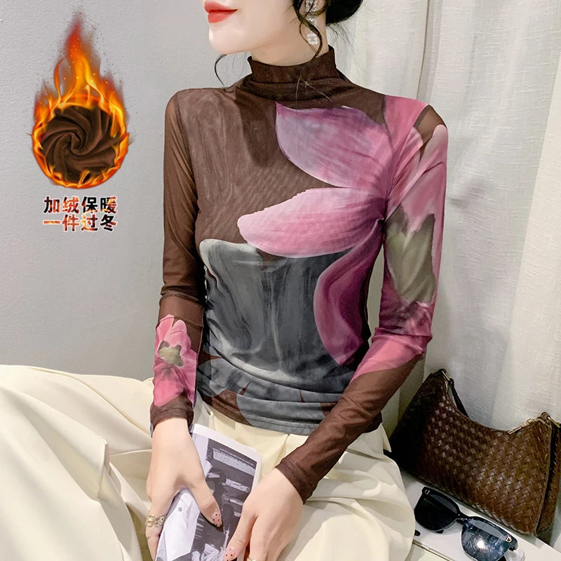 Herbst Winter Elastische Dicke T Shirt Frauen Gedruckt Süße Blumen Mesh T-shirts Dünne Grundlegende Langarm T-shirts S-3XL