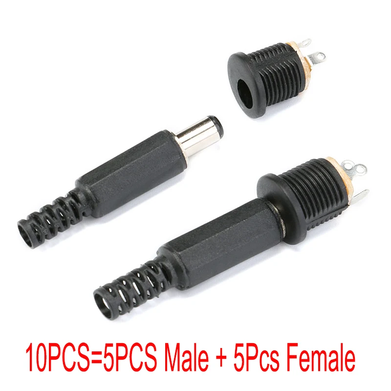 10PCS (5Pairs) 5.5*2.1MM Plastic Male Plugs DC022 12V 3A DC Power Socket Female Jack Screw Nut Panel Mount Connector 5.5 x 2.1mm