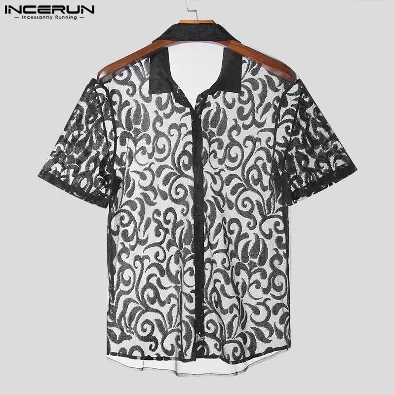 2024 Men Shirt Lace Lapel Short Sleeve Transparent Summer Men Clothing Fitness Streetwear Fashion Party Camisas S-5XL INCERUN