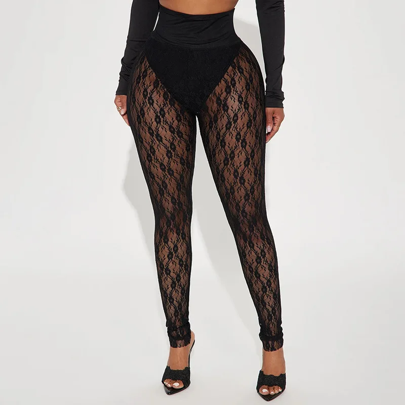 

Осень 2024, сексуальные кружевные сетчатые прозрачные узкие брюки, женские однотонные прозрачные лоскутные узкие леггинсы для девочек, брюки, клубная одежда