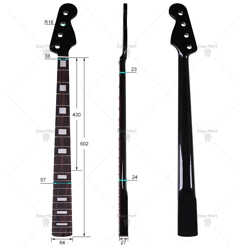 Four-string Bass Neck 20 Frets Black Bright Light Plus Maple Electric Guitar Work in Progress Neck Modification