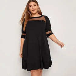 Plus Size Half Sleeve Spring Autumn Elegant Swing Dress Mesh Panel Fit And Flare Dress Large Size Business Work Office Dress 6XL