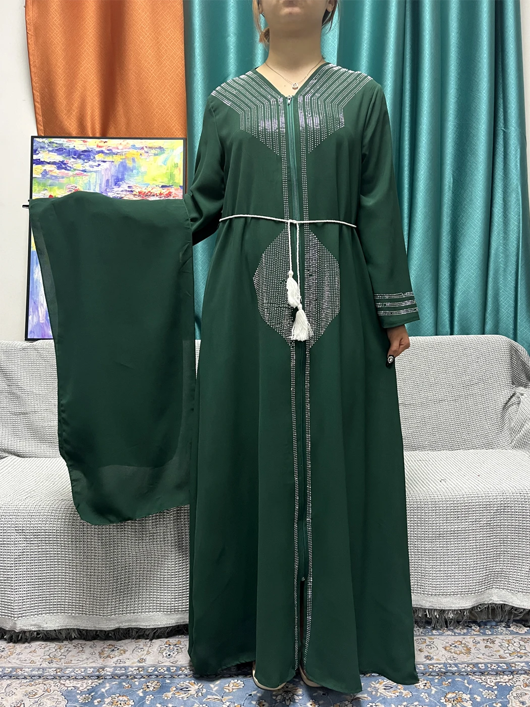 Muslim Ramadan Sets Abayas For Women Diamond Inlaid Solid Color Synthetic Silk Chiffon Loose Fit Femme Robe With Headscarf Belt