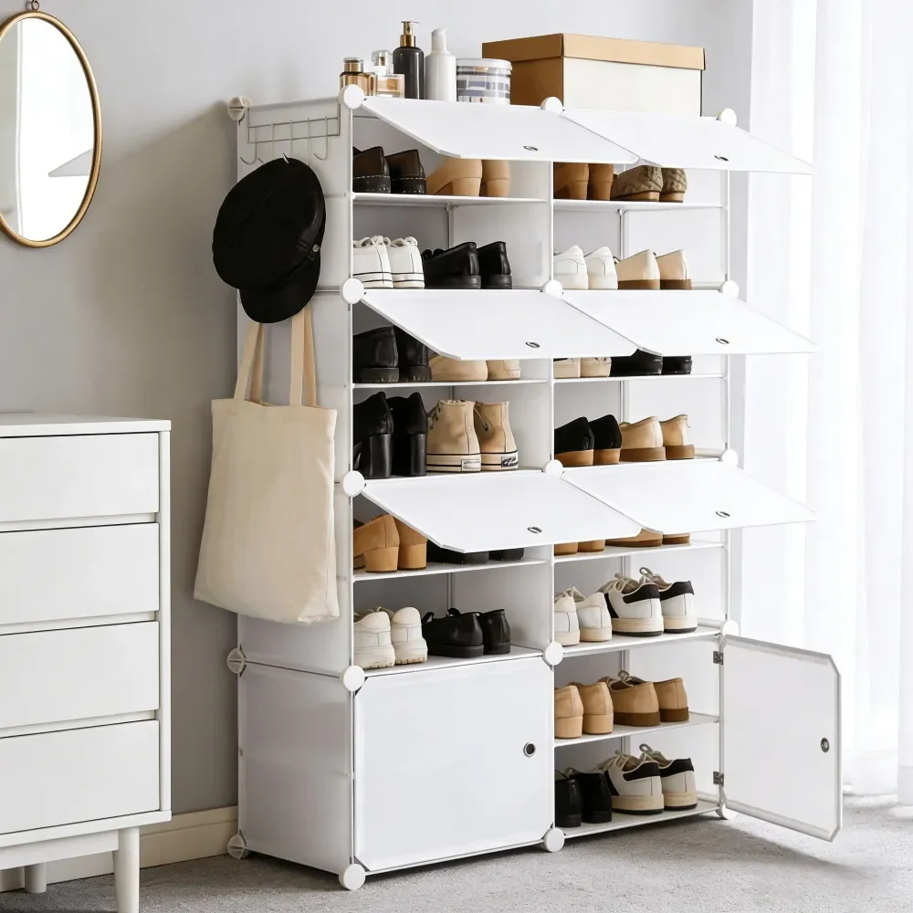 

8Tier HeavyDuty Metal Shoe Cabinet With Side Hanging Hooks, 24 32Pair Large Capacity Shoe Storage Organizer, Sturdy Reinforced